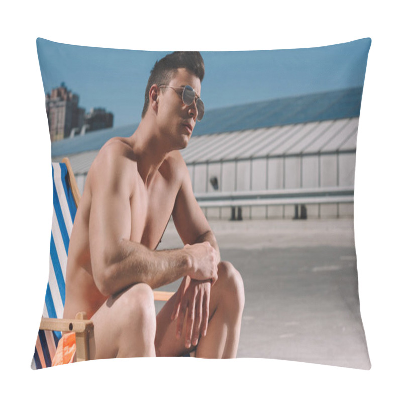 Personality  Handsome Young Shirtless Man Sitting On Sun Lounger On Parking Pillow Covers