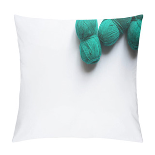 Personality  Top View Of Green Wool Yarn On White Background With Copy Space Pillow Covers