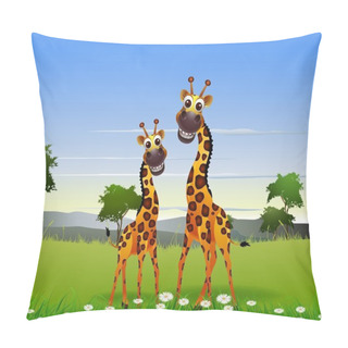 Personality  Cute Couple Giraffe Cartoon With Landscape Background Pillow Covers