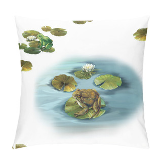 Personality  Pond, Forgs Sitting On A Lilly Leaves In A Puddle. Water Lily Leaves. Isolated Pillow Covers