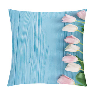 Personality  Floral Composition Of Tulips Laying In Row On Right Side On Blue Wooden Background Pillow Covers