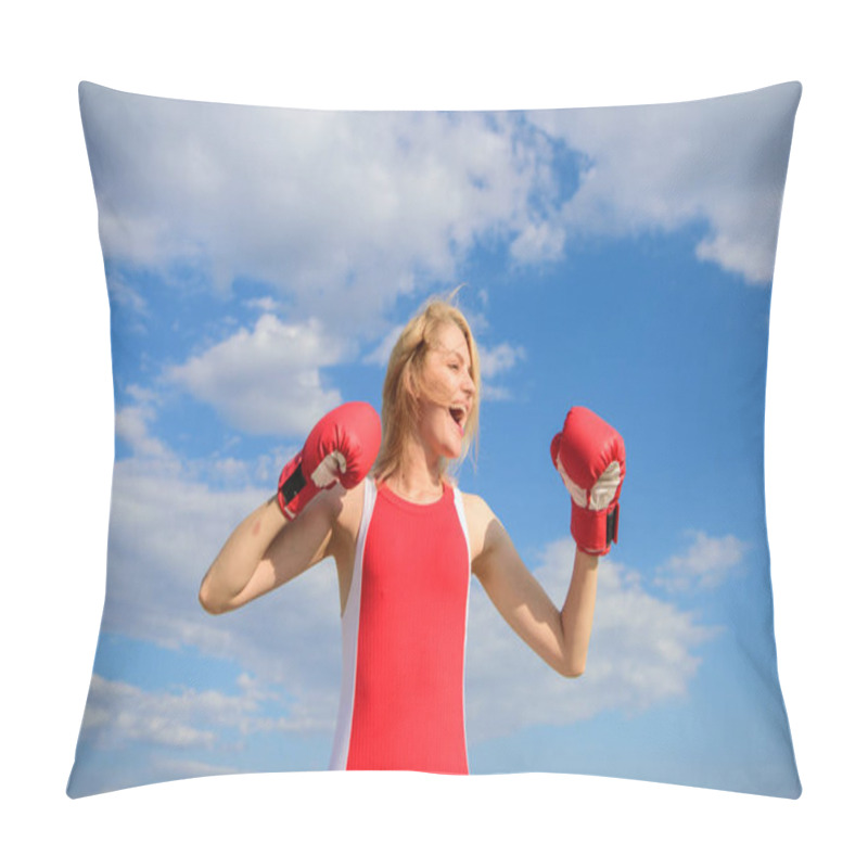 Personality  Woman strong boxing gloves raise hands blue sky background. Girl boxing gloves symbol struggle for female rights and liberties. Feminism promotion. Fight for female rights. Girls power concept pillow covers