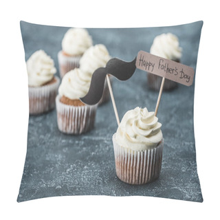 Personality  Creamy Cupcakes With Mustache Sign And Happy Fathers Day Inscription On Concrete Surface Pillow Covers