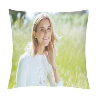 Personality  Attractive Young Blonde Caucasian Woman In Tight White Top And Denim Posing Outside In Long Grass Pillow Covers