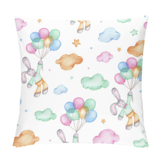 Personality  Watercolor Seamless Pattern With Cute Easter Bunny On Air Balloons Pillow Covers
