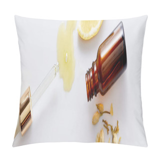 Personality  Top View Of Cosmetic Oil Flowing Out Of Dropper Next To Bottle, Slice Of Lemon And Vanilla Buds On White Background, Panoramic Shot Pillow Covers