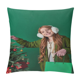 Personality  Winter Holidays, Cheerful Girl In Ear Muffs Holding Shopping Bag Touching Star Top Of Christmas Tree Pillow Covers