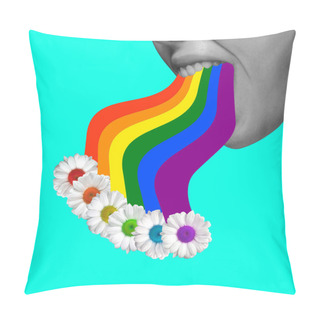 Personality  Contemporary Art Collage. Young Girl And Rainbow Isolated Over Blue Background. Pillow Covers