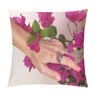 Personality  A Woman's Hand Reaches Out To A Green Branch Blooming With Bright Pink Flowers Pillow Covers