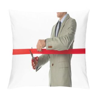 Personality  Man In Office Suit Cutting Red Ribbon Isolated On White, Closeup Pillow Covers