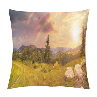 Personality  Boulders On Hillside Meadow In Mountain At Sunset With Rainbow Pillow Covers