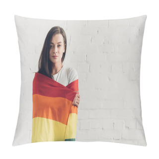 Personality  Young Transgender Woman Covering With Pride Flag And Looking At Camera In Front Of White Brick Wall Pillow Covers