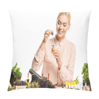 Personality  Smiling Woman Making Essential Oil Isolated On White Pillow Covers