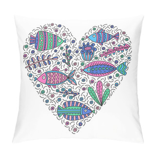 Personality  Doodle Vector Illustration With Cute Fishes And Seaweeds. Pillow Covers