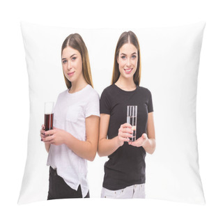 Personality  Portrait Of Beautiful Twins Holding Glasses Of Soda And Water In Hands Isolated On White Pillow Covers