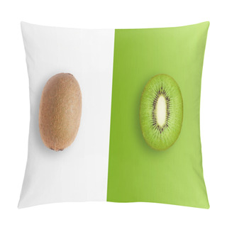 Personality  Creative Background, Kiwi And Kiwi Slices On A White And Green Background. Flat Lay, Copy Space, Layout. The Concept Of Nutrition, Fresh Fruit, Natural Products, Juice. Pillow Covers