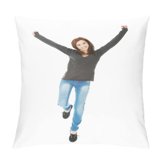 Personality  Young Casual Woman, Student Jumping. Pillow Covers