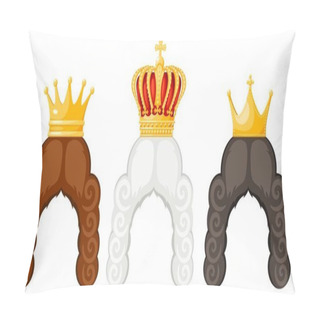 Personality  Wigs And Royal Crown With Cartoon Style On A White Background. The Hair Of A Princess, King, Prince Or Grandee With A Golden Crown, The Symbol Of The Monarch Of Power. Vector Illustration Pillow Covers
