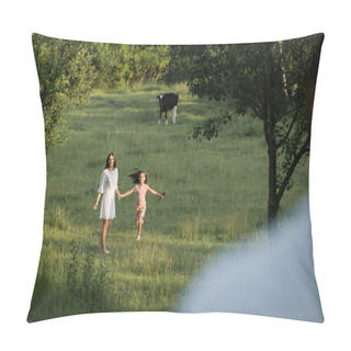 Personality  Happy Girl Holding Hands With Mother Near Cow Grazing In Green Meadow Pillow Covers