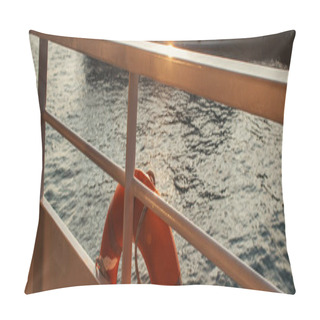 Personality  Lifebuoy On Railing Of Ship With Sea At Background, Banner  Pillow Covers