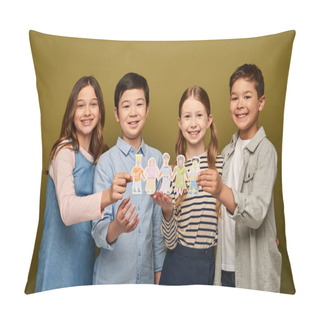 Personality  Preteen Kids In Casual Clothes Holding Drawn Paper Characters And Smiling At Camera During International Child Protection Day Celebration On Khaki Background Pillow Covers