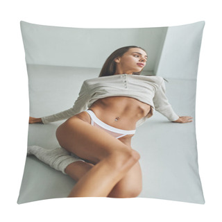 Personality  Young Passionate Woman With Pierced Belly Posing In Panties And Long Sleeve Shirt, Sitting On Floor Pillow Covers