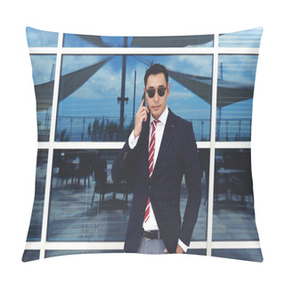 Personality  Asian Businessman Speaking On Mobile Phone Pillow Covers