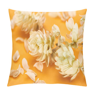 Personality  Close Up View Of Twig With Hop Seed Cones Near Petals Isolated On Yellow Background Pillow Covers