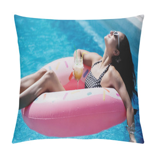 Personality  Pleased Woman In Sunglasses Holding Glass With Cocktail And Swimming On Inflatable Ring In Pool  Pillow Covers