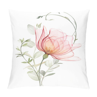 Personality  Watercolor Rose With Eucalyptus Branches. Big Transparent Peach Flower With Curved Plants. Pastel Beige Composition In Modern Classical Style. Hand Painted Abstract Artwork. Pillow Covers