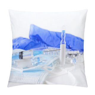 Personality  Medicines, Masks,  Ampoules, Blue Medical Gloves, Syringes On A White Background, Pillow Covers