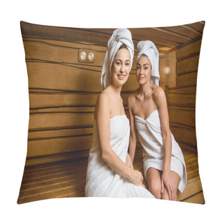 Personality  Attractive Young Women Sitting Together In Sauna And Smiling At Camera  Pillow Covers