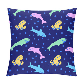Personality  Ocean Animal Icons Pattern. Fish And Octopus Seamless Background. Sea Life Seamless Pattern Vector Illustration Pillow Covers