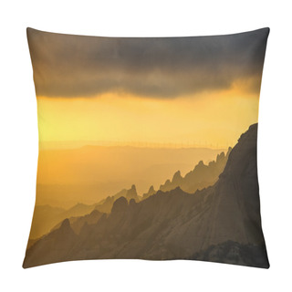 Personality  Sunset On The Top Of The Mountain Of Montserrat. Windmills. Catalonia, Spain. Pillow Covers