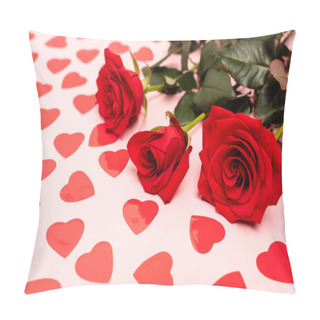 Personality  Red Hearts And Roses On Pink Background Pillow Covers