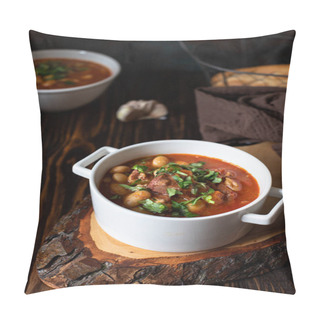 Personality  Bean Soup With Meat And Vegetables Served On A Rustic Board And Wooden Table With Bread And Garlic. Traditional Balkan Soup Pasulj (Grah). Close-up, Selective Focus Pillow Covers
