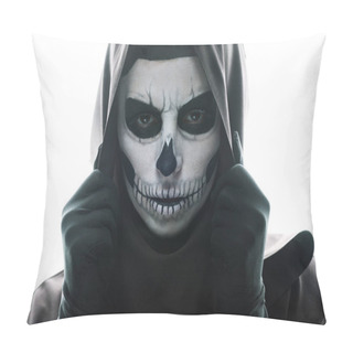 Personality  Front View Of Woman With Skull Makeup Looking At Camera Isolated On White Pillow Covers