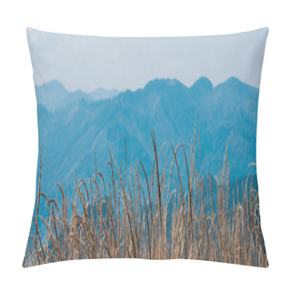 Personality  Panoramic Shot Of Golden Field Near Scenic Mountains  Pillow Covers