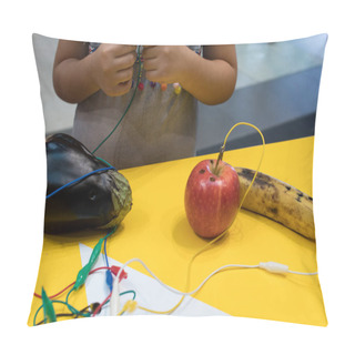 Personality  Fruit Piano With Kids. STEM Education Activity Allow Kids To Play Music With Fruit And Vegetables. Microcontroller Converts Keys In Sound With Some Fruits. Yellow Background And Vegetables Wired Pillow Covers