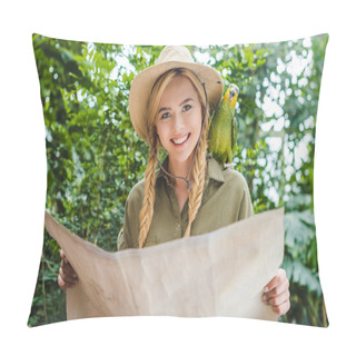 Personality  Attractive Young Woman In Safari Suit With Parrot On Shoulder Navigating In Jungle With Map Pillow Covers
