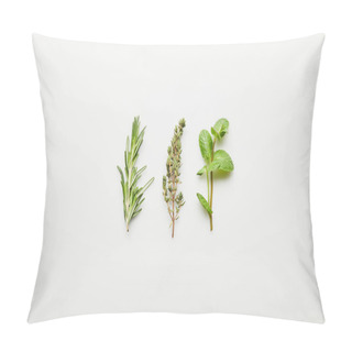Personality  Top View Of Rosemary, Thyme And Mint On White Background Pillow Covers