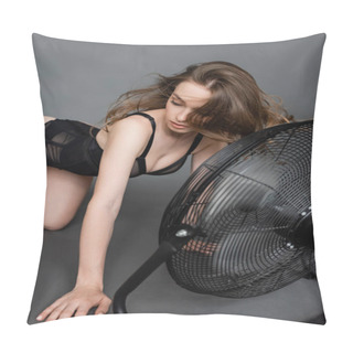 Personality  Fashionable And Slim Young Brunette Woman With Natural Makeup Wearing Sexy Black Bodysuit While Posing Near Electric Fan Blowing On Grey Background  Pillow Covers