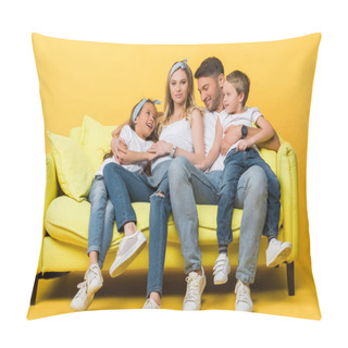 Personality  Smiling Pregnant Mother, Father And Kids Sitting On Sofa On Yellow   Pillow Covers