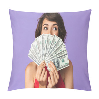 Personality  Happy Pretty Brunette Woman Covering Her Face With Money And Looking Away Over Purple Background Pillow Covers