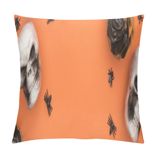 Personality  Top View Of Cupcakes, Decorative Skulls And Spiders On Orange Background With Copy Space, Panoramic Shot Pillow Covers