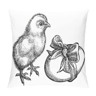 Personality Cute Chick With Egg. Sketchy Style. Hand Drawn Graphic Illustration In Vector. Ink Drawing. Pillow Covers