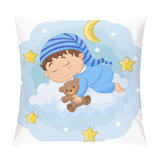 Personality  Vector Illustration Of Cartoon Baby Sleeping With Teddy Bear On The Clouds Pillow Covers