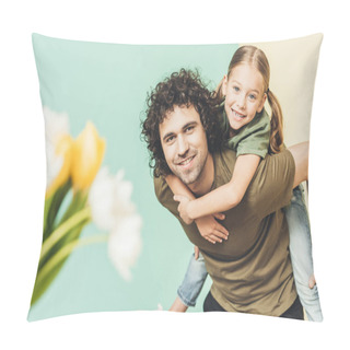 Personality  Selective Focus Of Father Piggybacking Adorable Happy Daughter And Smiling At Camera Pillow Covers