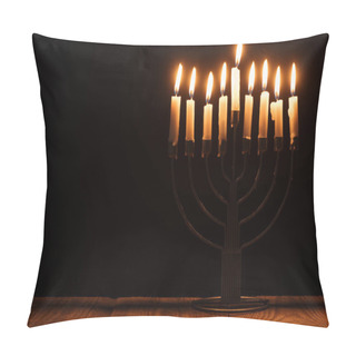 Personality  Close Up View Of Jewish Menorah With Candles For Hannukah Holiday Celebration On Wooden Surface On Black Backdrop, Hannukah Concept Pillow Covers