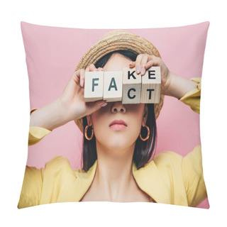 Personality  Asian Woman Holding Wooden Cubes In Front Of Face With Fake And Fact Lettering Isolated On Pink Pillow Covers